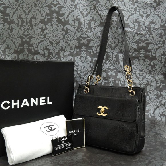 Chanel Chanel Black Caviar leather Tote shoulder bag Gold Chain CC